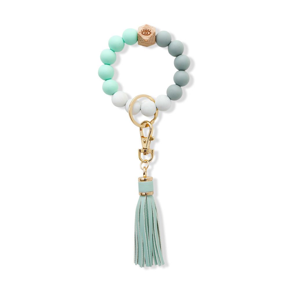 Wholesale Skull Hairball Leather Tassel Silicone Beaded Wristlet Keychain